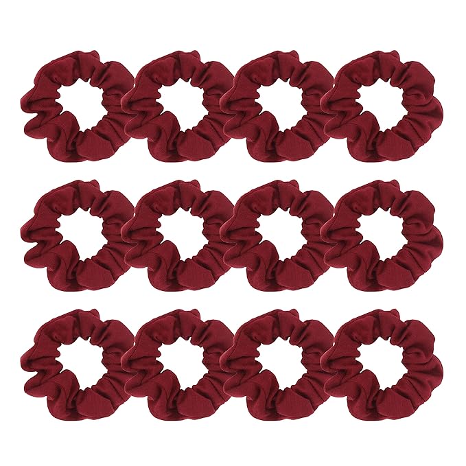 Pack of 12 Cotton Hair Scrunchies Single Jersey Solid Color Ponytail Holders Hair Ties for Girl (Burgundy)