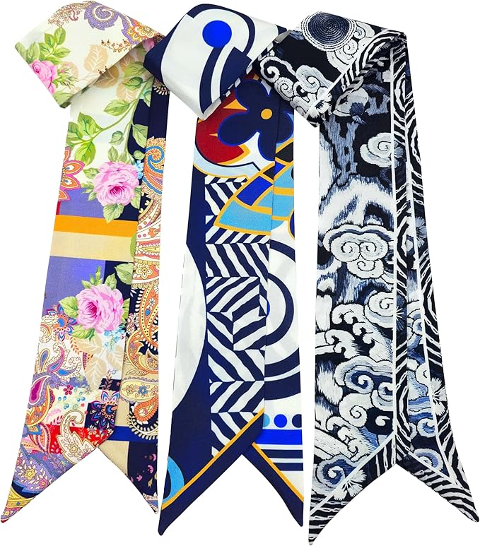 Skinny Scarf 3 Pack for Women – Bag Scarf, Silk Hair Scarves (Original Prints, Premium Twill, 3 Designs)