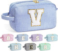 YOOLIFE Blue Cosmetic Travel Makeup Bag - Monogram Cute Initial Makeup Bags Cosmetic Toiletry Pouch Make Up Case for Women Her Best Friend Friendship Teacher, Personalized Birthday Gifts for Women V