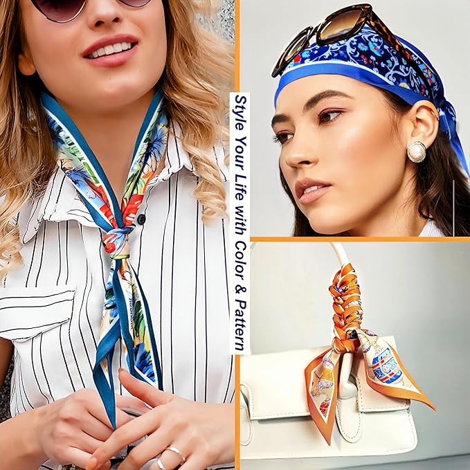 Skinny Scarf 3 Pack for Women – Bag Scarf, Silk Hair Scarves (Original Prints, Premium Twill, 3 Designs)