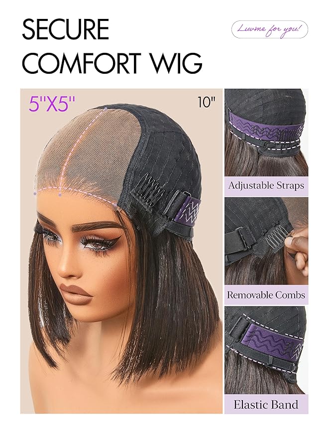 LUVME HAIR 5X5 Layered Cut Bob Wig 100% Human Hair Wigs Glueless 10 Inches Bob Pre Cut Plucked Lace Short Wig Ready To Go Bleached Knots Middle Part Brown Highlight Wigs