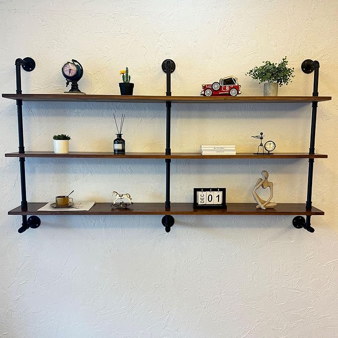 ROGMARS Industrial Pipe Wall Shelves Pipe Shelving with Real Wood Plank,70 Inches Floating Shelves for Wall Farmhouse Pipe Book Shelves Dark Brown 3Tier for Kitchen,Living Room Decor and Bar Shelving
