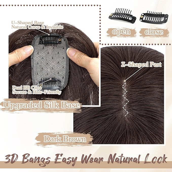 Hair Toppers for Women Real Human Hair - 360° Coverage Dark Brown Clip In Topper with Bangs for Thinning Hair Upgraded 5×9 cm Silk Base Ideal for Everyday Use