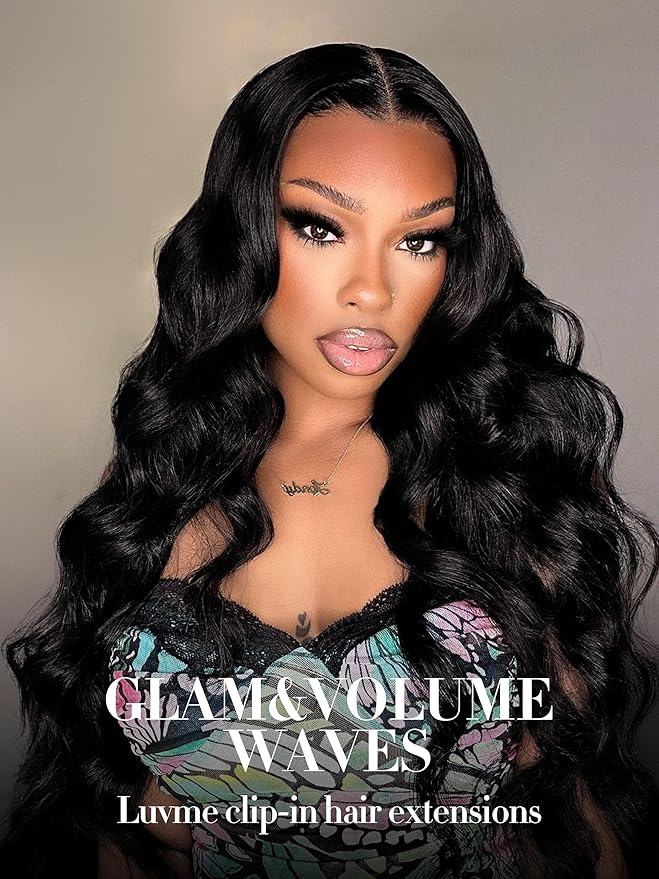 LUVME Hair Extensions Natural Black 24 Inch 135g 7pcs Real Human Hair Body Wavy Remy Clip in Human Hair Extensions Thick Hair