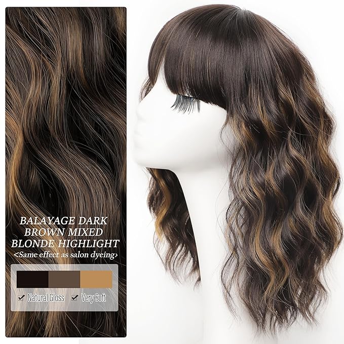 Nnzes Wig with Bangs for Women Shoulder Length Bob Wavy Women's Charming Synthetic Brown mixed Blonde Highlight Wigs with Natural Curly Heat Resistant Hair for Daily Party Use