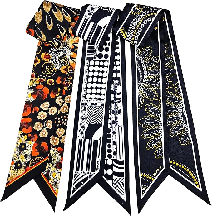 Skinny Scarf 3 Pack for Women – Bag Scarf, Silk Hair Scarves (Original Prints, Premium Twill, 3 Designs)