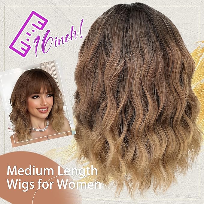 Nnzes Short Wavy Bob Wig with Bangs for Women Shoulder Length Curly Ombre Brown Blonde Synthetic Heat-Resistant Fiber Hair for Daily & Party Use