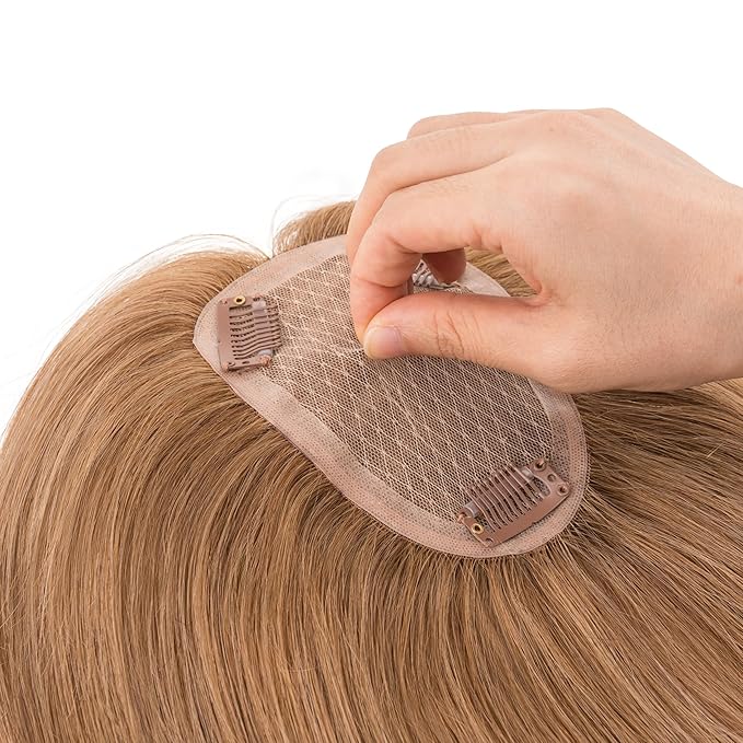 Hairro Human Hair Toppers Free Parted, 3.5x4.7" Base Hand-wovened 100% Real Hairpieces, with Invisible Clips-in for Women, for High Hairline/Adding Volume on Top, 10 Inch Blondish Brown