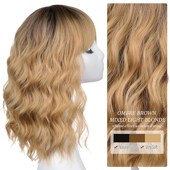 Nnzes Blonde with Light Brown Wig with Bangs for Women Shoulder Length Bob Wavy Charming Synthetic Wigs with Natural Curly Heat Resistant Hair
