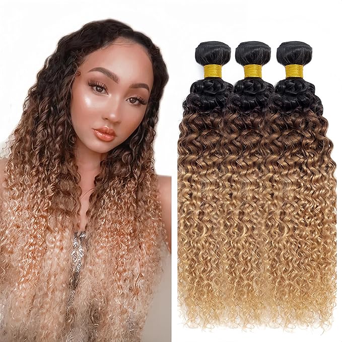 Ombre Bundles Human Hair Ombre Kinky Curly Bundle Niegmeag Peruvian Virgin Soft and Silky Remy Hair 3 Bundles 12 14 16 Inch 3 Tone Black and Honey Blonde Curly Bundle