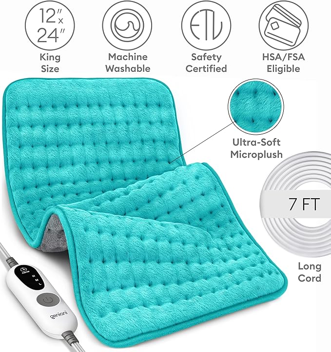 GENIANI XL Electric Heating Pad for Back Pain & Cramps Relief, Electric Throw, Christmas Gifts for Women, Auto Shut Off, Machine Washable, Heat Pad for Neck & Shoulder (12"x24" Viridian Green)