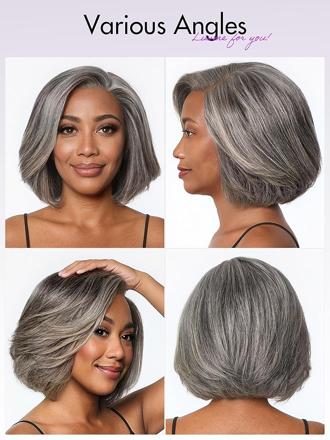LUVME HAIR Salt & Pepper Layered Bob 100% Human Hair Wig Glueless Pre-Cut Lace Wig Gray Wigs For Women Short Grey Hair Glueless 10 Inches Bob Wigs Pre Plucked Pre Cut Pixie Cut