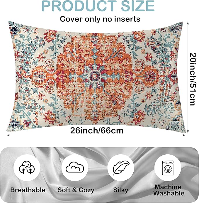 Satin Pillowcase 1 Pack-Boho Vintage Silky Pillow Cover for Hair and Skin,Standard Size 20x26 Inch Soft Cooling Printed Pillow Cases with Hidden Zipper,Gifts for Women Men