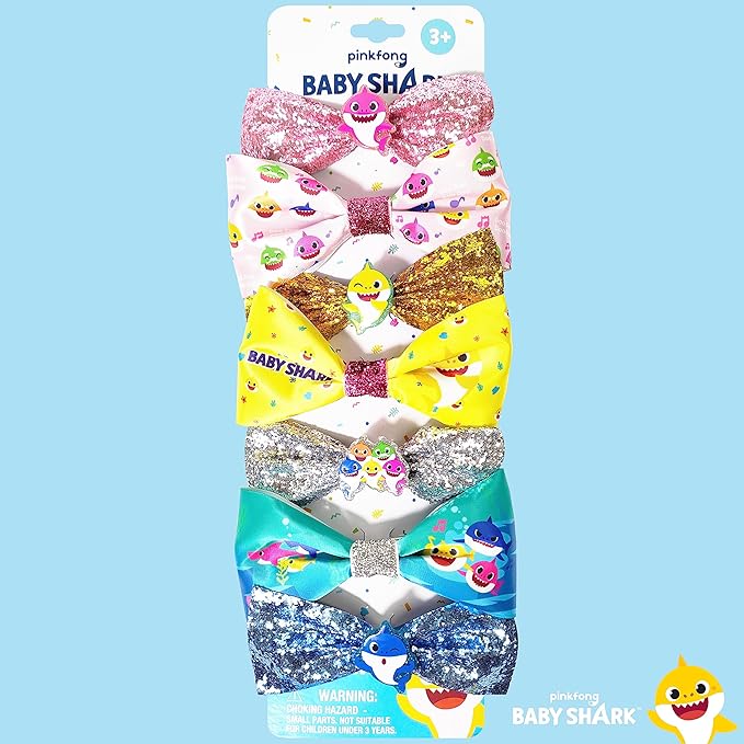 Baby Shark Kids Hair Bows - Hair Accessories Gift Set - 7 Pcs 4 Inch Bundle - Hair Bows for Girls - Different character on each clip - Alligator Clip - Ages 3 +