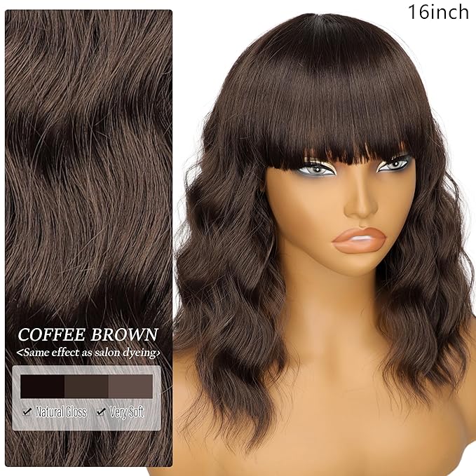 Nnzes Short Wavy Bob Wig with Bangs for Women Shoulder Length Curly Soft Coffee Brown Synthetic Heat-Resistant Fiber Hair for Daily & Party Use