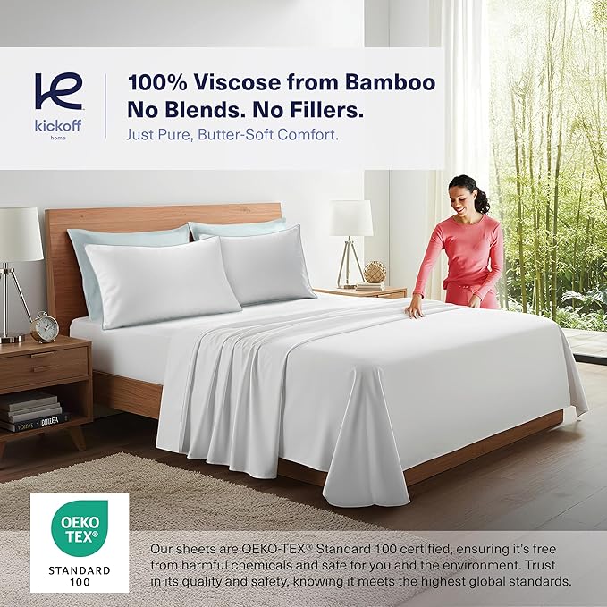Kickoff Viscose Bamboo Pillowcase, King, Set of 2, 100% Organic Hidden Zippered Viscose Bamboo Pillow Case King Size, Cooling Pillow Cover for Hot Sleepers (20"x40", Trimmed, Coastal Blue)