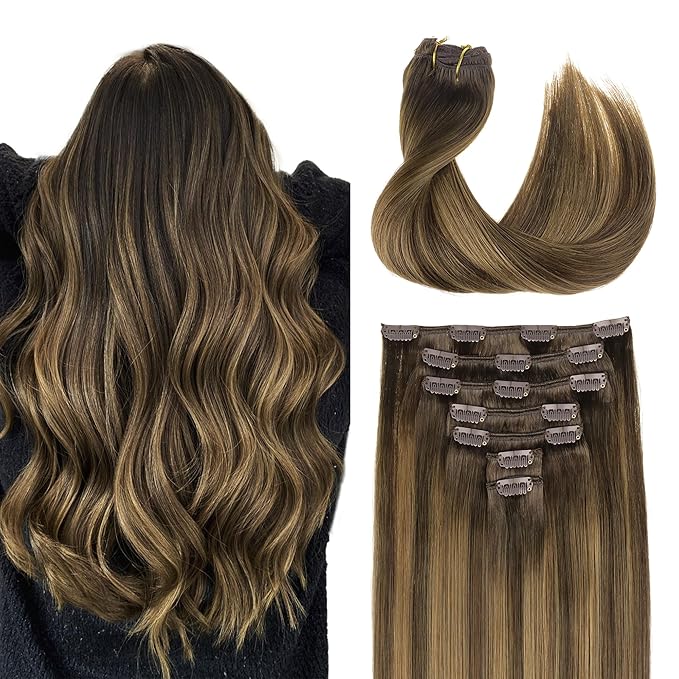 GOO GOO Clip in Hair Extensions Real Human Hair, Remy Human Hair Extensions Clip ins for Women, Natural Human Hair, 18inch 120g 7Pcs, 4D/14/5B Brunette Balayage