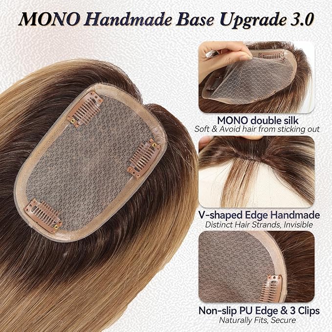 starluck Hair Toppers for Women Real HumanHair,5.5"*4"MONO Large Base,100% Real Human Hair-Toppers for Women with Thinning,46g Hand-moven Topper,Gray Roots,High Volume,Ombre Ash Blonde