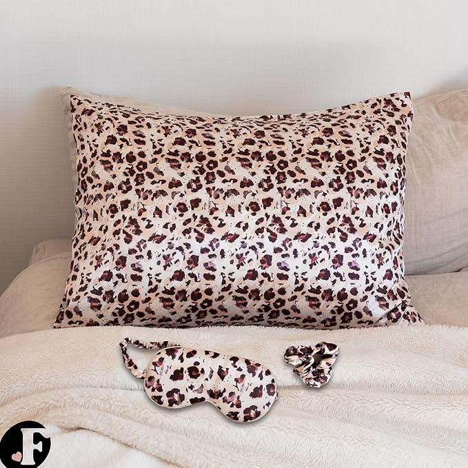 Satin Pillowcase Gift Set for Women – Brown Leopard, Silky Soft, Reduces Frizz | Includes Satin Eye Mask & Scrunchie | for Curly Hair, Sensitive Skin | Perfect