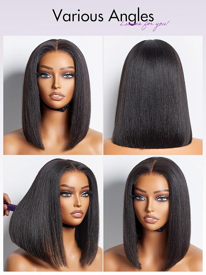 LUVME HAIR 12" Light Yaki Glueless Bob Wigs Human Hair Pre Plucked, 5x5 HD Lace Closure Wigs Human Hair 180 Density, Ready to Go Wig with Bleached Knots & Pre Cut Lace