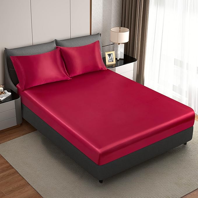 Wine Red Satin Pillowcase Standard Set of 2 with Envelope Closure，Wine Red Silk Pillowcase for Hair and Skin (20x26)
