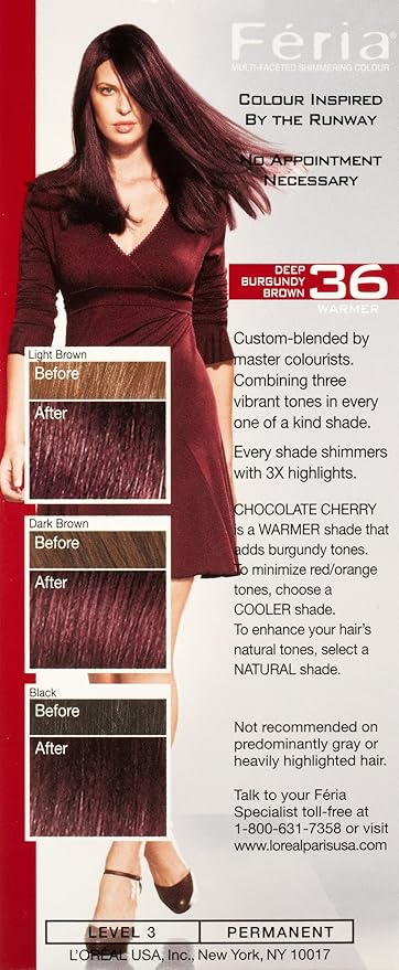 L'Oreal Paris Feria Multi-Faceted Shimmering Permanent Hair Color, 36 (Chocolate Cherry) Deep Burgundy Brown, Pack of 2 Hair Dye Kit