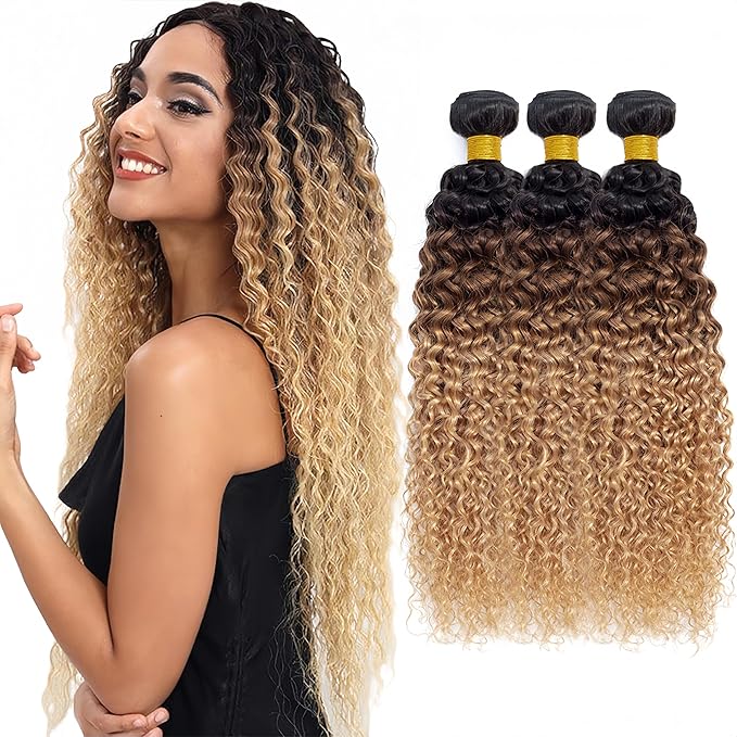 Ombre Kinky Curly Bundles Human Hair 4/27 Curly Bundle Niegmeag Virgin Soft and Silky Hair 3 Bundles 16 18 20 Inch Double Weft Blonde Curly Bundle Hair Weave