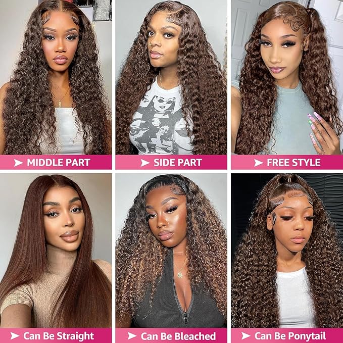 Chocolate Brown 13x6 Lace Front Wigs Human Hair 200 Density Deep Wave HD Lace Front Wigs Curly Glueless Wigs Pre Plucked 13x6 Frontal Human Hair Wigs for Women (26 Inch)