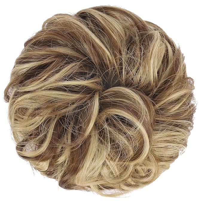 FESHFEN Messy Bun Hair Piece - Elastic Wavy Curly Hair Bun Scrunchies Extensions Synthetic Chignon Hairpieces for Women, Light Brown & Blonde 1.5 oz