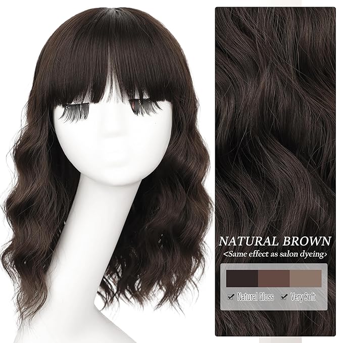 Nnzes Short Wavy Bob Wig with Bangs for Women Shoulder Length Curly Soft Brown Synthetic Heat-Resistant Fiber Hair for Daily & Party Use