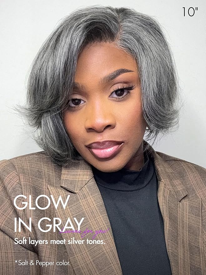 LUVME HAIR Salt & Pepper Layered Bob 100% Human Hair Wig Glueless Pre-Cut Lace Wig Gray Wigs For Women Short Grey Hair Glueless 10 Inches Bob Wigs Pre Plucked Pre Cut Pixie Cut
