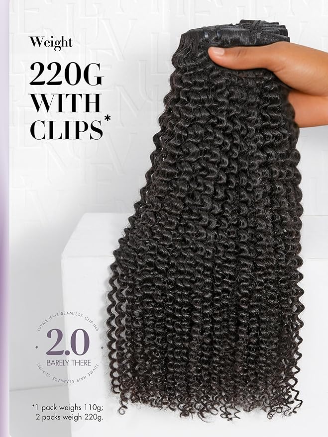 LUVME Invisible Clip ins Hair Extensions Deep Kinky Curly Real Human Hair Remy Hair Clip ins for Women, Natural Human Hair,18 inch 2 Pack 220g 12Pcs, Natural Black
