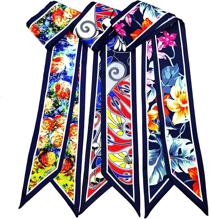 Skinny Scarf 3 Pack for Women – Bag Scarf, Silk Hair Scarves (Original Prints, Premium Twill, 3 Designs)