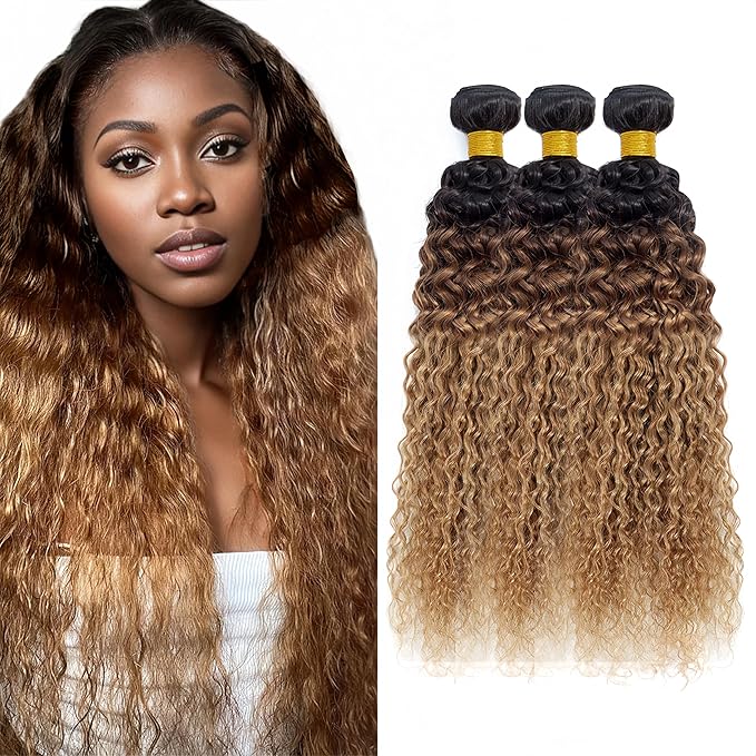 30 32 34 Inch T1B/4/27 Water Wave Bundles Human Hair Honey Blonde Bundles Niegmeag Peruvian Virgin Soft and Silky Remy Hair Extensions Ombre Blonde Color