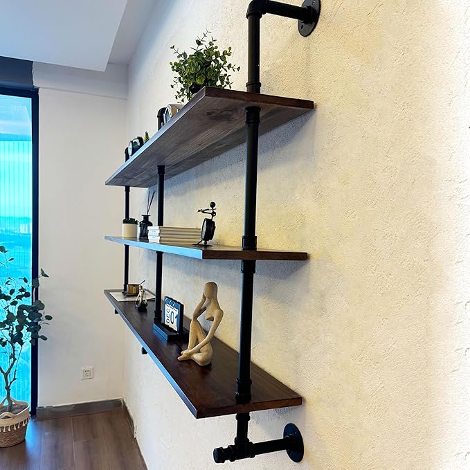 ROGMARS Industrial Pipe Wall Shelves Pipe Shelving with Real Wood Plank,70 Inches Floating Shelves for Wall Farmhouse Pipe Book Shelves Dark Brown 3Tier for Kitchen,Living Room Decor and Bar Shelving