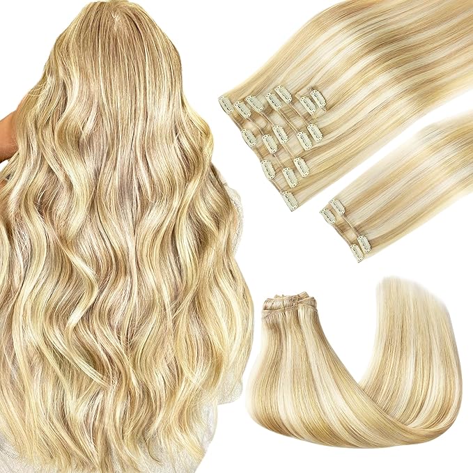 GOO GOO Clip in Hair Extensions Real Human Hair, Remy Human Hair Extensions Clip ins for Women, Natural Human Hair, 16inch 150g 9Pcs, 18D/22F Dirty Blonde Highlights