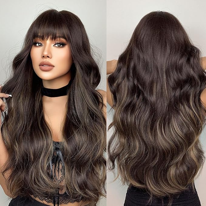 EMMOR Ombre Brown Wigs for Women Long Curly Wigs with Bangs Wave Heat Resistant Synthetic Wigs Soft Natural Looking