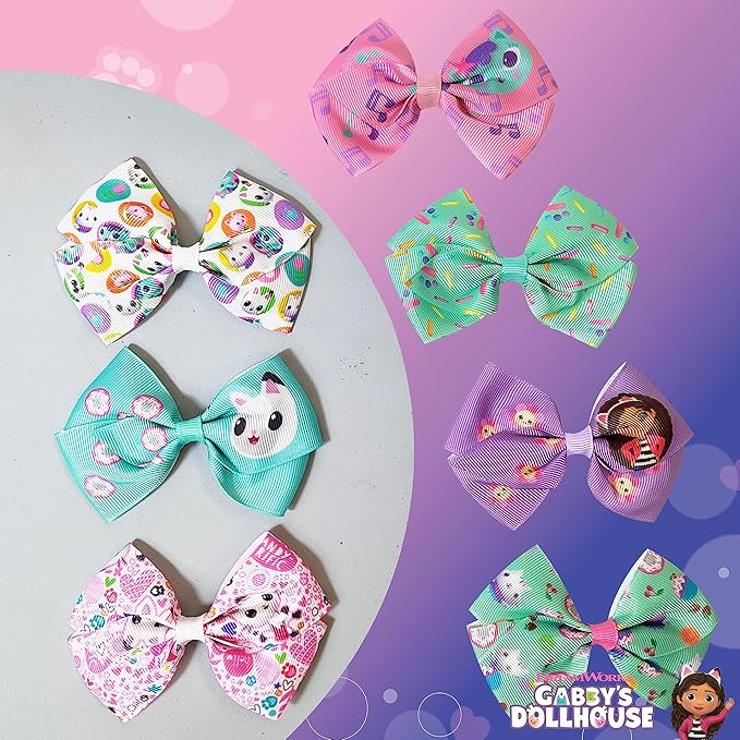 Gabby's Dollhouse Hair Bows - Hair Accessories Gift Set - 7 Pcs 4 Inch Bundle for Girls Different Character on each Hair Clip Kids Bow - Alligator Clip - Ages 3 +