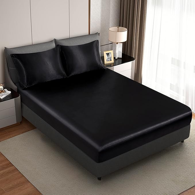 Black Satin Pillowcase Standard Set of 2 with Envelope Closure，Black Silk Pillowcase for Hair and Skin (20x26)