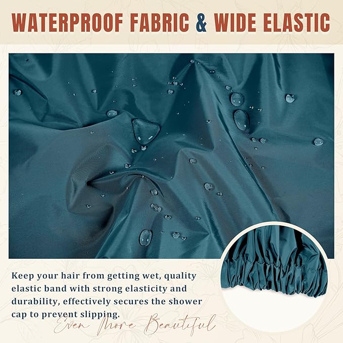 Reusable Shower Cap for Women, Stylish Large Waterproof Shower Bonnet Washable Wide Elastic Band Hair Cap for Long Hair, Braids Bath Hat(Bamboo Moon Blue)