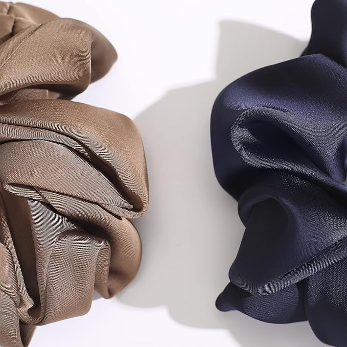 4PCS Large Satin Silk Scrunchies for Women - Big Glossy Scrunchie for Thick Hair Girl Hair Ties Ponytail Holders Jumbo Scrunchies (Black Navy-Blue Brown Champagne)