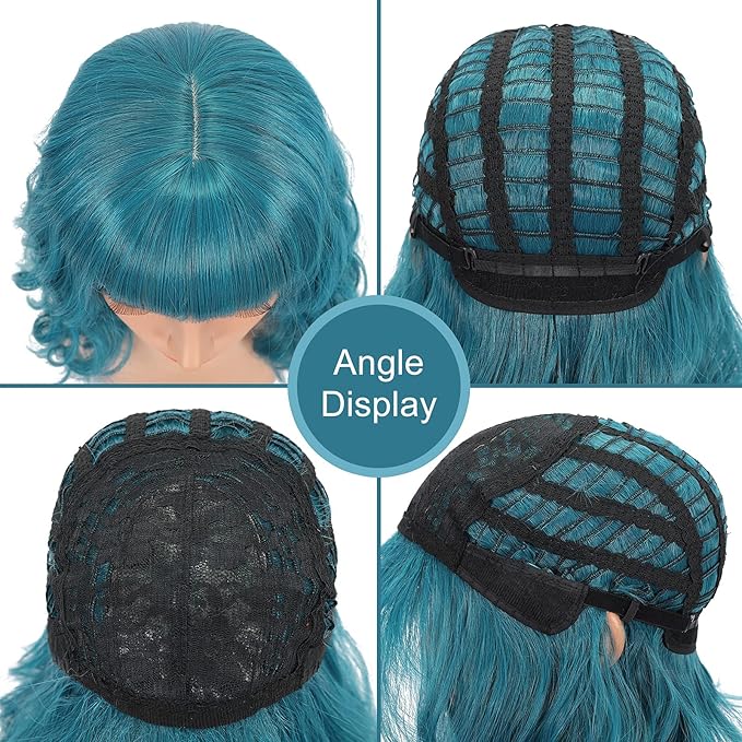 FAELBATY Blue Wig Short Bob Wigs With Bangs Shoulder Length Wig For Women Curly Wavy Synthetic Cosplay Wig for Girl Costume Wigs (12" blue color)