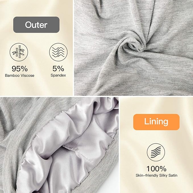 Silk Satin Lined Bonnet Sleep Cap - Adjustable Stay on All Night Hair Wrap Cover Slouchy Beanie for Curly Hair Protection for Women and Men - Solid Light Grey