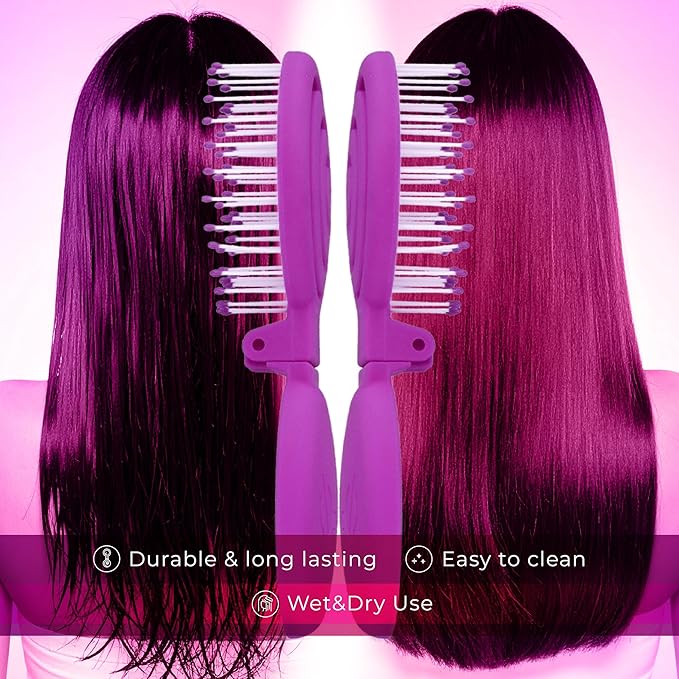 Mini Detangler Travel Hair Brush with Mirror, Makaron Hair Brushes for Women, Men and Kids, Unique 3D Flexible Design for All Hair Types, Styling Accessory, Travel Essentials for Women (PURPLE)