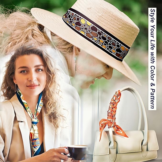 Skinny Scarf 3 Pack for Women – Bag Scarf, Silk Hair Scarves (Original Prints, Premium Twill, 3 Designs)