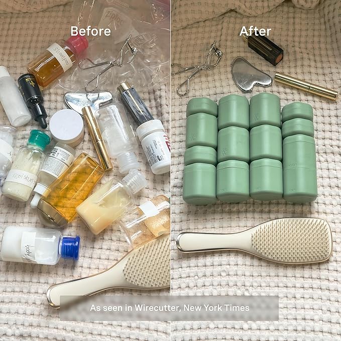 Cadence Travel Containers - Daily Routine Capsule Set - Magnetic Containers with Lids,4 Flex Mediums (1.32oz) & 3 Flex Smalls (0.56oz) - Shampoo, Conditioner, Body Wash, Pills, & More - Eucalyptus