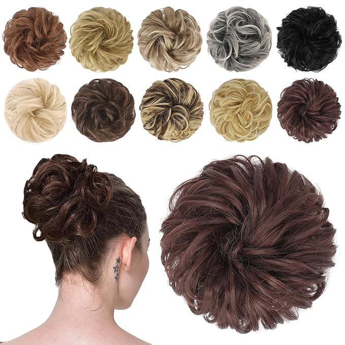 FESHFEN Messy Bun Hair Piece - Elastic Wavy Curly Hair Bun Scrunchies Extensions Synthetic Chignon Hairpieces for Women Girls, Dark Auburn 1.5 oz