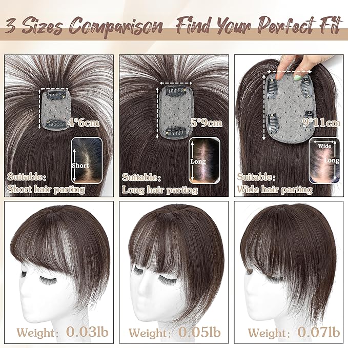 Hair Toppers for Women Real Human Hair - 360° Coverage Dark Brown Clip In Topper with Bangs for Thinning Hair Upgraded 5×9 cm Silk Base Ideal for Everyday Use
