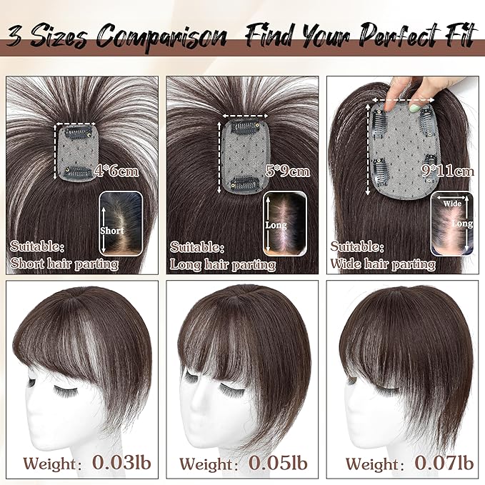 Hair Toppers for Women Real Human Hair - 360° Coverage Dark Brown Clip In Topper with Bangs for Thinning Hair Upgraded 4×6 cm Silk Base Ideal for Everyday Use