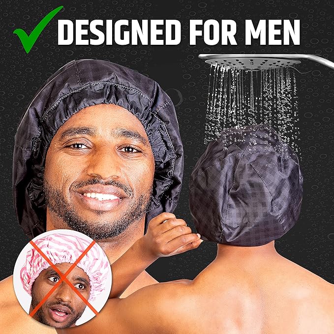 Men Shower Cap For dreadlocks, braids, curls, locs, curly Hair. Waterproof, Reusable, Large shower cap for mens hair. Terry cloth lined, elevated, sleek looking shower caps (Black Camouflage)